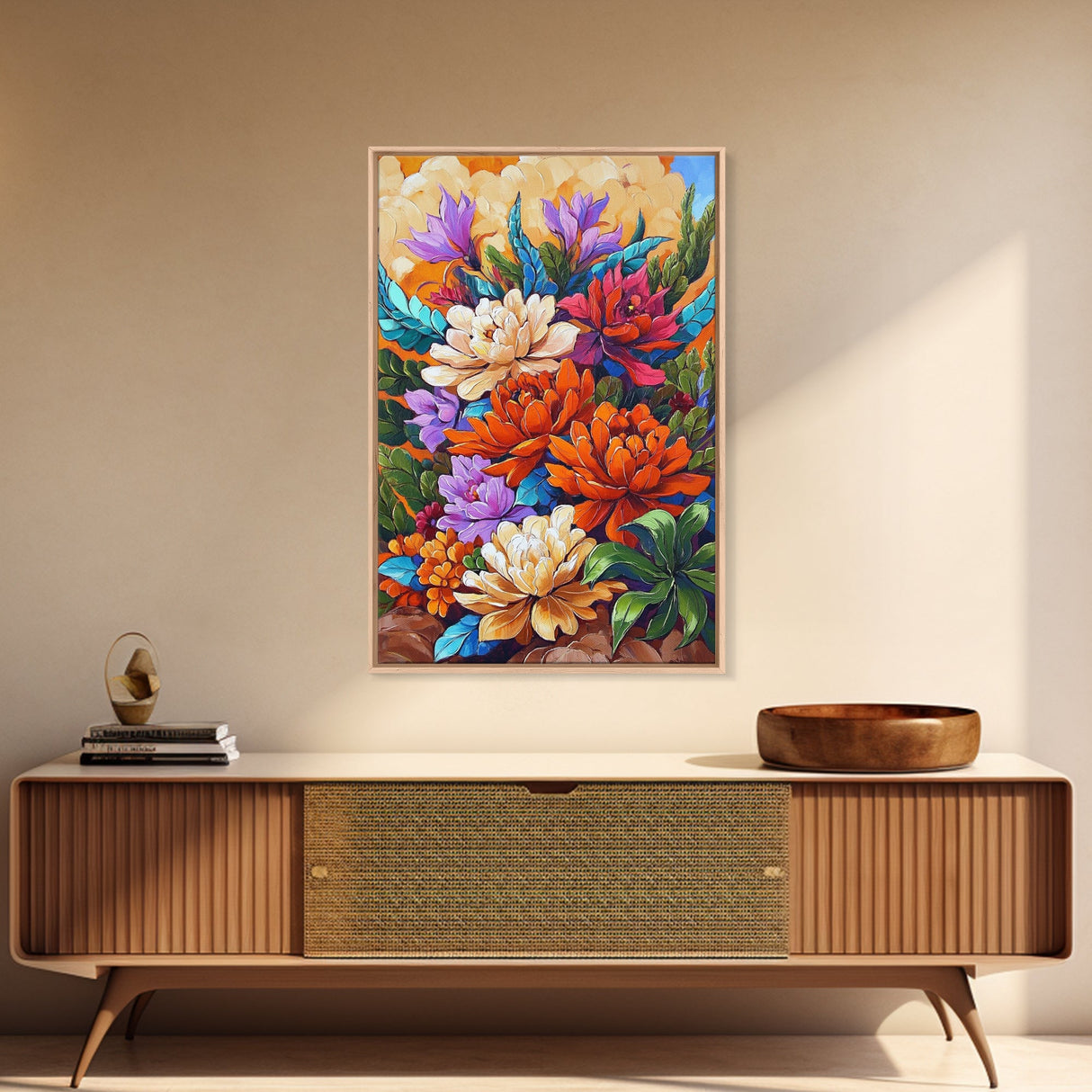 Floral Boho, Bright, Fall, Canvas Print vibrant flower bouquet wall art, fall floral wall decor, dining room print, bohemian art gift