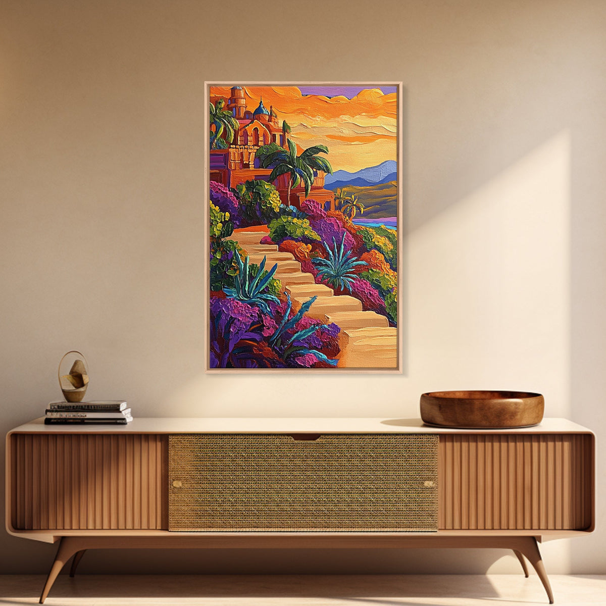 Sunset Mexico, Colorful, Travel, Framed Canvas Print vibrant coastal villa painting, colorful sunset art, Mediterranean boho travel vibes