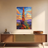 Cactus Bloom, Sunset, Desert, Canvas Print southwest desert flower art, blooming cactus painting, bright desert landscape, office decor