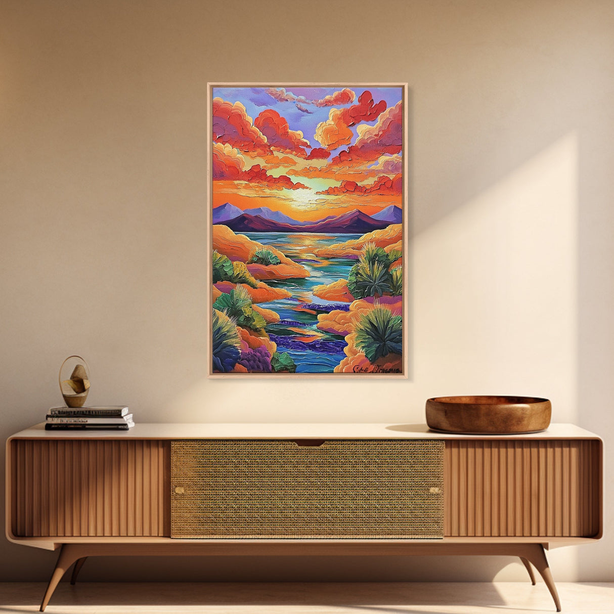 Sunset Desert, River, Color, Framed Canvas Print dreamy painted desert river sunset, colorful sky landscape artwork, nature boho art