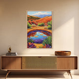 Pond Reflection, Nature, Desert, Framed Canvas Print tranquil desert pond painting, colorful reflection landscape art,  entryway wall decor