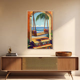 Swing Ocean, Tropical, Archway, Framed Canvas Print, Beach retreat wall art, vibrant tropical decor, Bedroom or Bathroom Wall Art