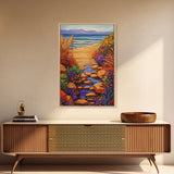 Path Ocean, Flowers, Shoreline, Framed Canvas Print, Bright coastal landscape, colorful wildflower path, Bathroom or Entryway Wall Art