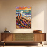 Driftwood Waves, Beach, Sunset, Framed Canvas Print, Coastal stormy beach scene, textured seascape painting, Nautical Bathroom Wall Art