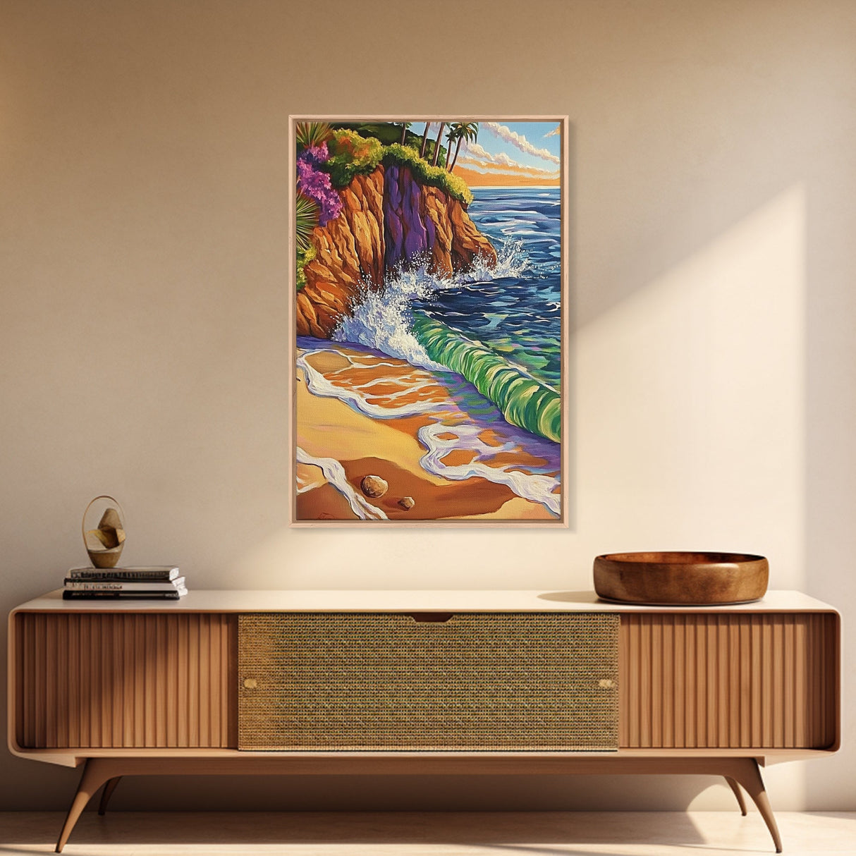 Coastal Sunset, Waves, Color, Canvas Print, Vibrant seascape art, beach house wall décor, boho ocean scene, bathroom wall art