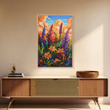 Vibrant Autumn, Blooms, Landscape, Framed Canvas Print, Bright Wildflower Artwork, Living Room Wall Art, Colorful Fall Floral Boho Painting
