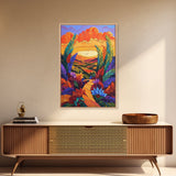 Bold Sunset, Path, Feathers, Canvas Print, Autumn Wall Art, Boho Nature Decor, Warm Colorful Hallway Art, Eclectic Landscape Painting