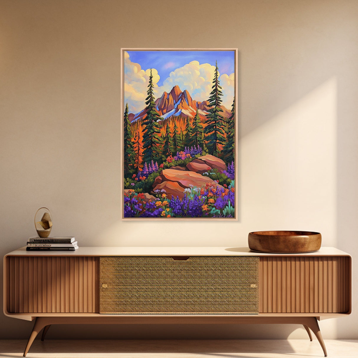 Mountain Forest, Wildflowers, Scenic, Framed Canvas Print, Nature Lover Gift, Cabin Decor, Rustic Living Room Art, Woodland Landscape