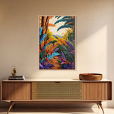 Tropical Jungle, Foliage, Path, Framed Canvas Print, Vibrant Botanical Wall Art, Boho Living Room Decor, Colorful Nature Painting