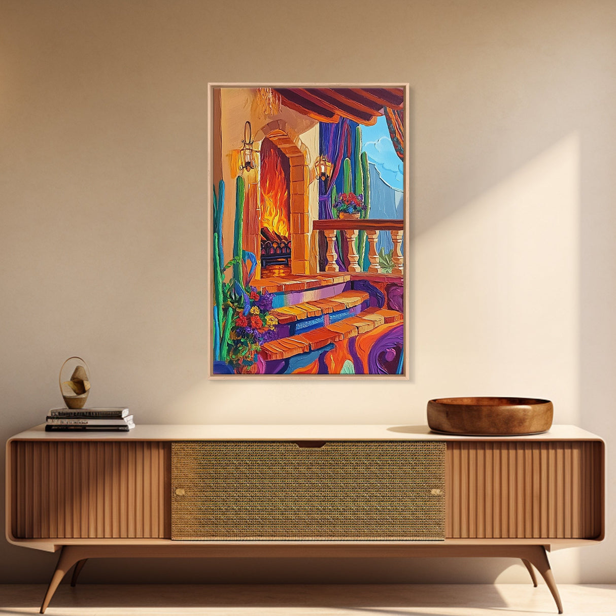 Cozy Hacienda, Fireplace, Terrace, Canvas Print, Southwestern Wall Art, Warm Interior Scene, Kitchen or Dining Room Boho Decor