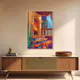 Cozy Hacienda, Fireplace, Terrace, Canvas Print, Southwestern Wall Art, Warm Interior Scene, Kitchen or Dining Room Boho Decor