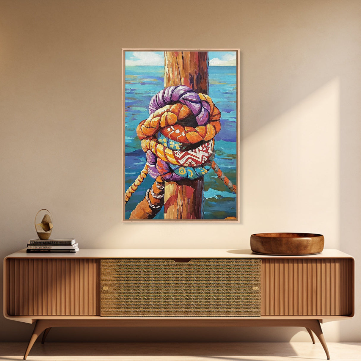 Nautical Knot, Dock, Ocean, Framed Canvas Print, Coastal Wall Art, Beach House Decor, Colorful Seaside Painting, Boat Lover Gift
