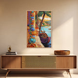 Tropical Boat, Village, Shoreline, Canvas Print, Coastal Wall Art, Vibrant Travel Scene, Boho Seaside Decor, Beach House Painting