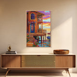 Tropical Sunset, House, Dock, Framed Canvas Print vibrant coastal house wall art, beach wall decor, sunset painting, tropical room decor