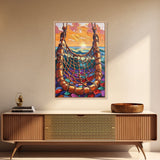 Ocean Hammock, Sunset, Boho, Framed Canvas Print dreamy hammock wall art, ocean sunset boho painting, coastal beach decor, patio art