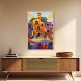 Village Boats, Reflections, Summer, Framed Canvas Print, coastal village wall art, Mediterranean canvas, kitchen decor, nautical rustic home