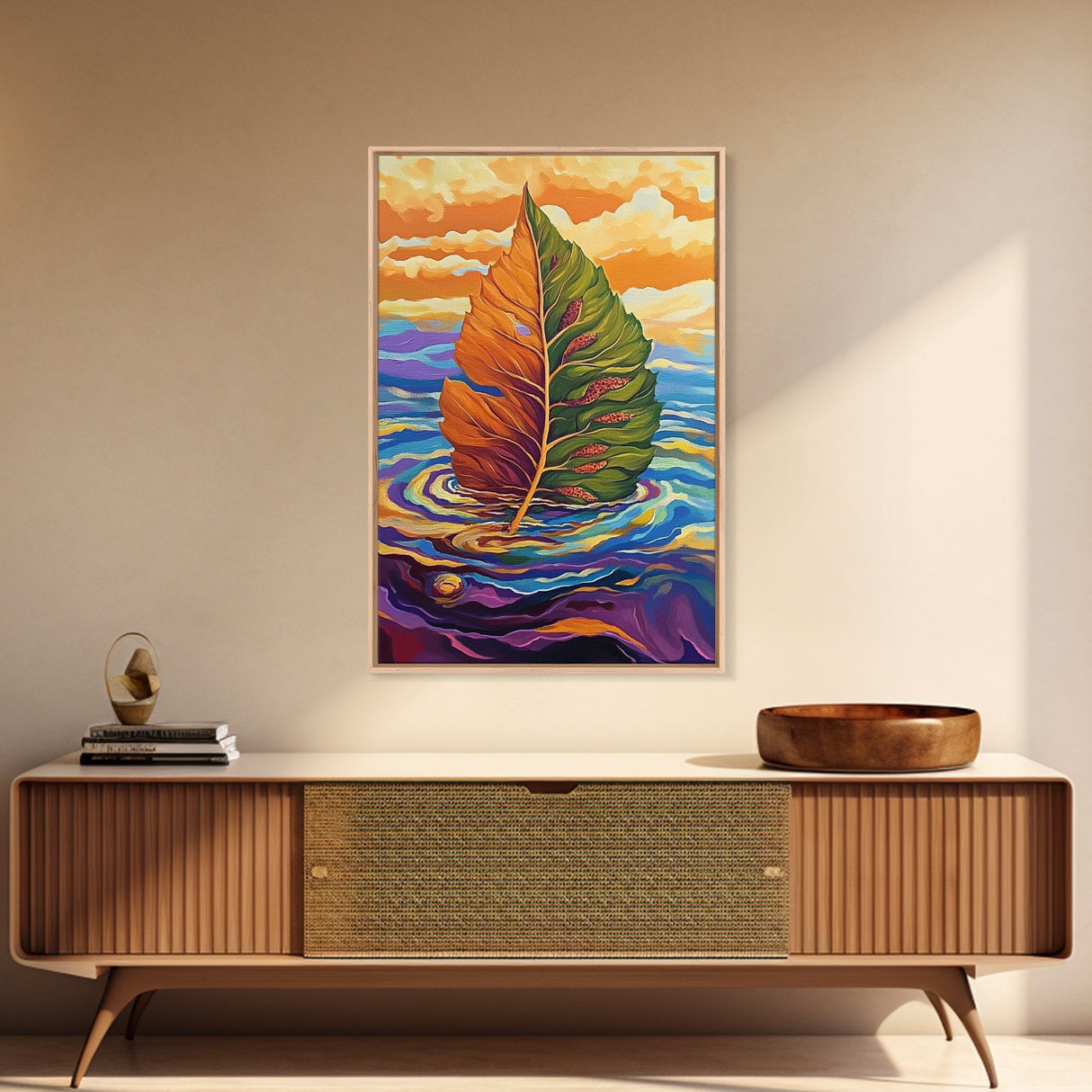 Autumn Leaf, Nature, Floating, Framed Canvas Print, floating leaf wall art, nature inspired canvas print, cozy Fall living room decor