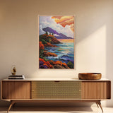 Cliffs Waves, Mountains, Autumn, Framed Canvas Print, coastal cliffs wall art, crashing waves painting, Autumn landscape, living room decor