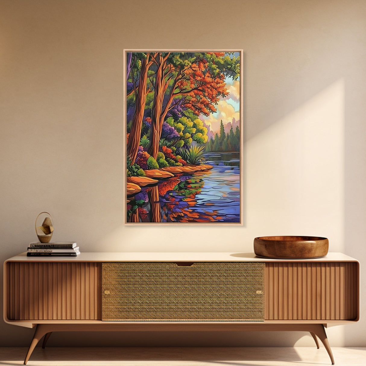 Forest Reflection, Autumn, Tranquil, Framed Canvas Print, peaceful forest reflection painting, Fall canvas wall art, nature living room decor