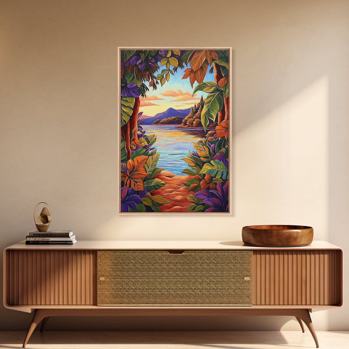 Tropical Lake, Sunset, Leaves, Canvas Print colorful tropical art, jungle boho decor, vibrant beach house wall art, exotic nature room print