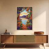 Tropical Lake, Sunset, Leaves, Canvas Print colorful tropical art, jungle boho decor, vibrant beach house wall art, exotic nature room print