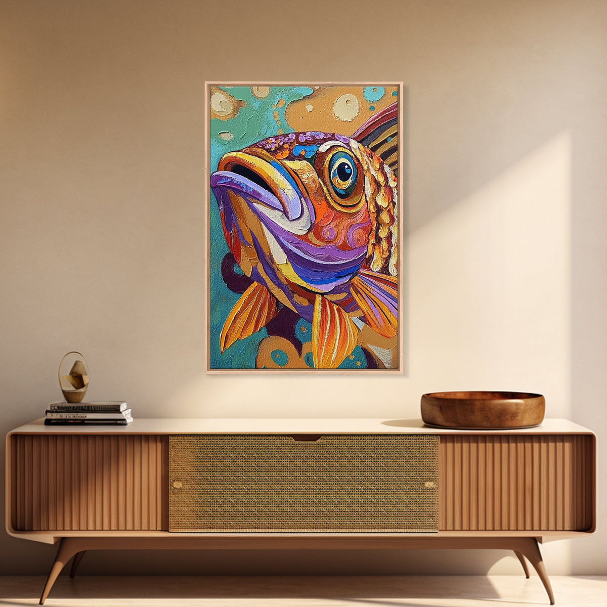 Fish Colorful, Tropical, Bold, Framed Canvas Print, vibrant ocean art, coastal bathroom decor, abstract tropical fish painting, boho beach