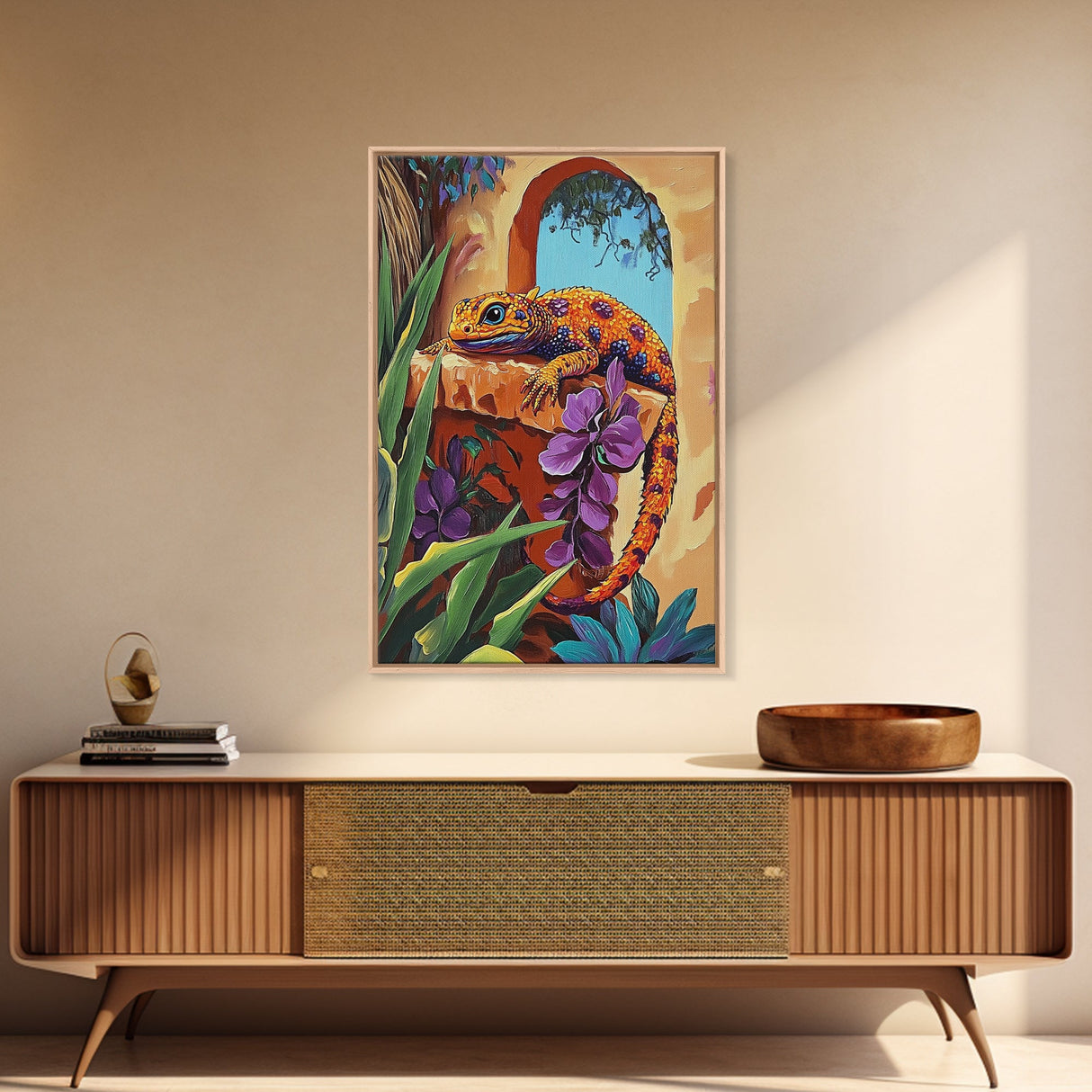 Gecko Tropical, Garden, Framed Canvas Print, Colorful Lizard Art, Desert Wall Decor, Nature Inspired Boho Art, Bathroom art,  Patio Wall Art