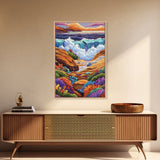 Ocean Rocks, Colorful, Framed Canvas Print, Coastal Sunset Wall Art, Bold Ocean Waves Decor, Living Room Statement Piece, Nature Art Print