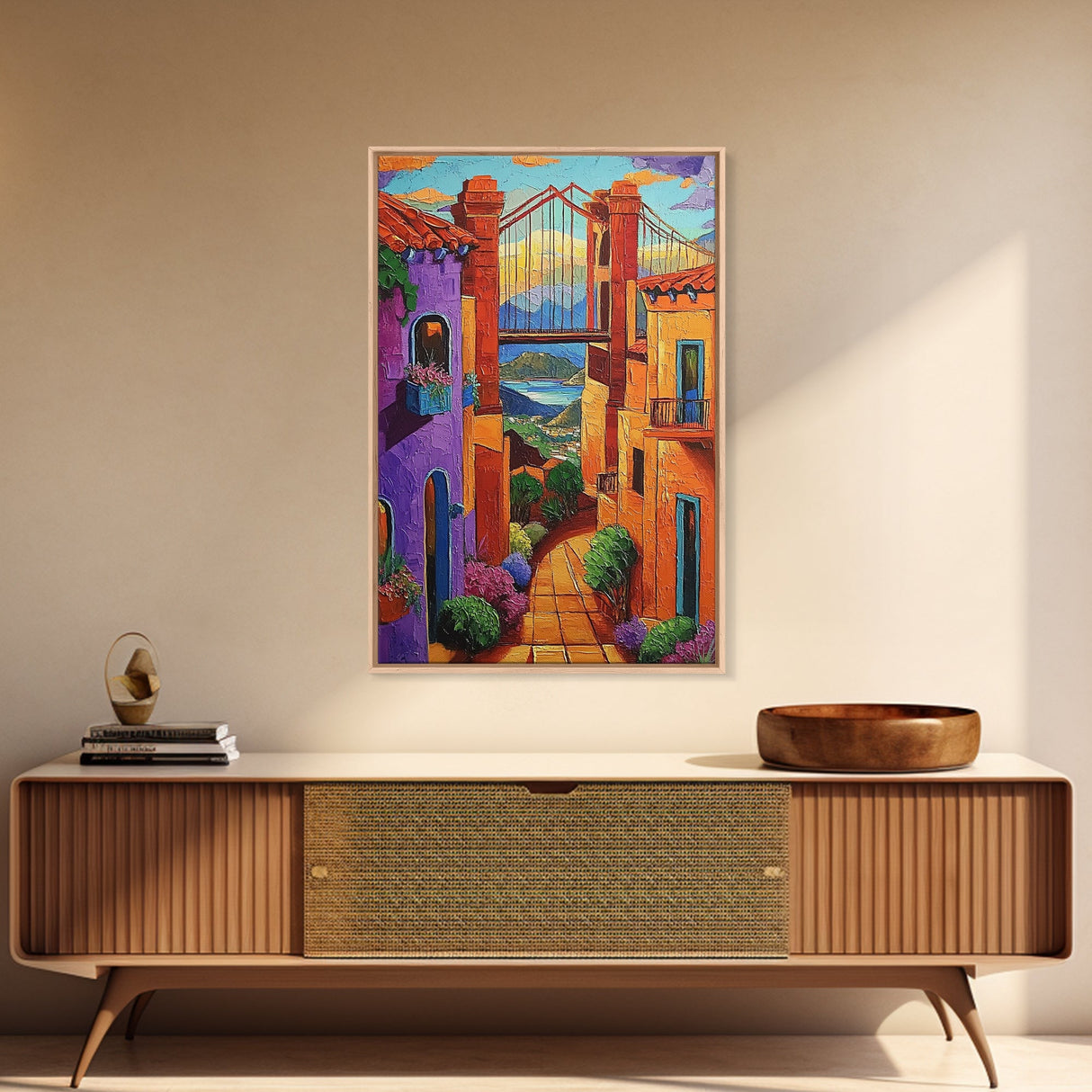 Bridge Street, Sunset, Framed Canvas Print, Colorful Cityscape Wall Art, Vibrant Urban Decor, Boho Architecture Print, Hallway Wall Art