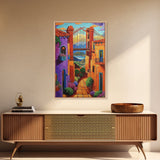 Bridge Street, Sunset, Framed Canvas Print, Colorful Cityscape Wall Art, Vibrant Urban Decor, Boho Architecture Print, Hallway Wall Art