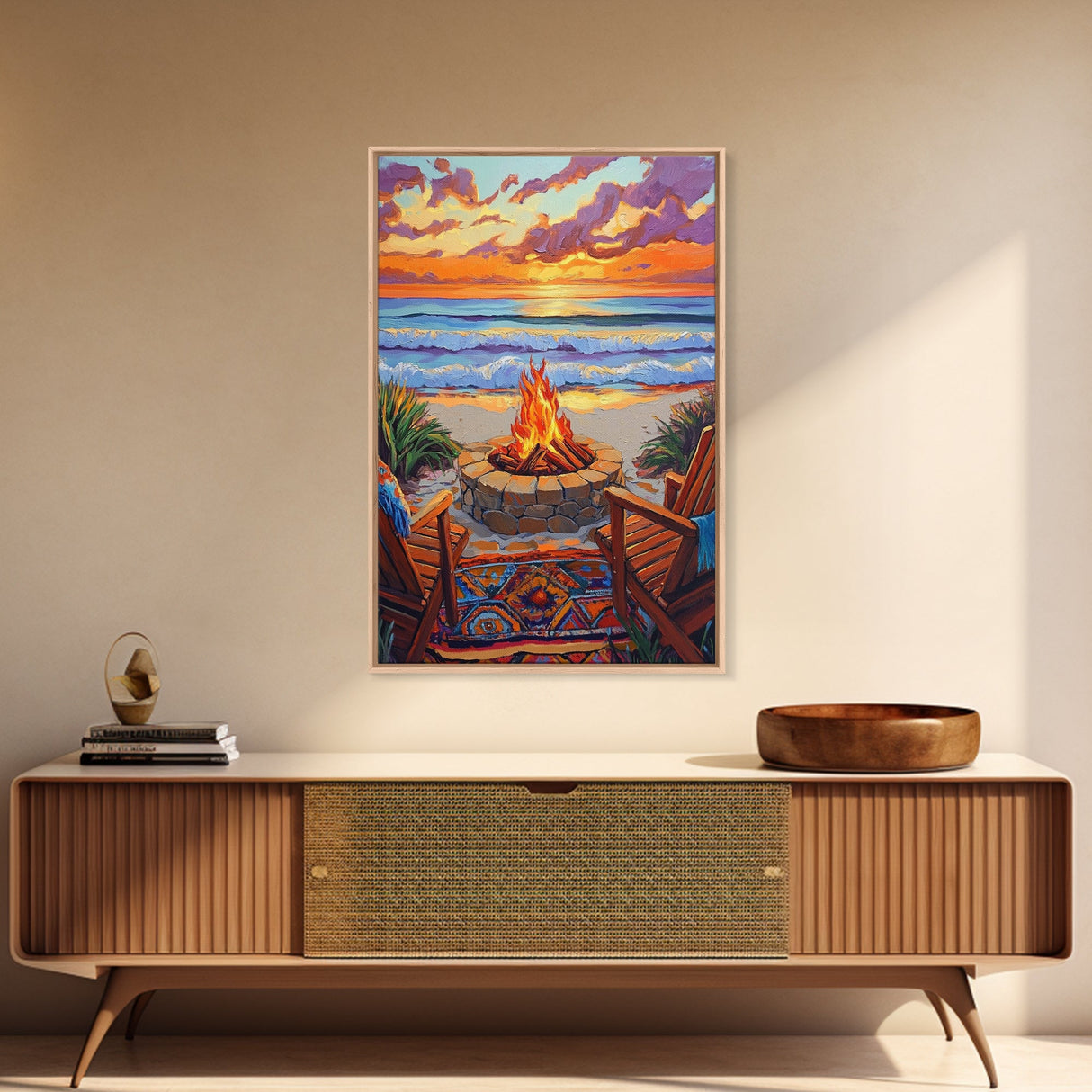 Firepit Sunset, Beach, Chairs, Canvas Print, cozy beach fire art, boho sunset vibes, fall bonfire wall decor, living room or patio