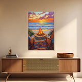 Firepit Sunset, Beach, Chairs, Canvas Print, cozy beach fire art, boho sunset vibes, fall bonfire wall decor, living room or patio