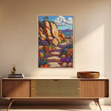 Rocky Pathway, Flowers, Framed Canvas Print, Vibrant Desert Trail Art, Colorful Landscape Wall Decor, Boho Living Room Wall Art