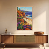 Ocean Cactus, Sunset, Framed Canvas Print, Southwest Coastal Art, Desert Beach Wall Decor, Colorful Nature Scene, Bathroom Wall Art
