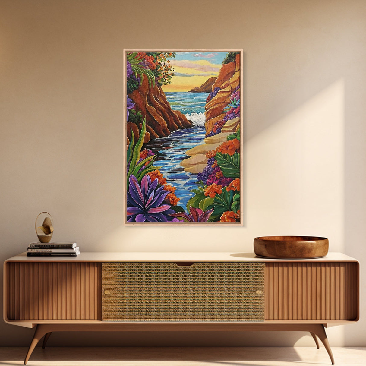 Cliff Ocean, Sunset, Framed Canvas Print, Bold Coastal Canyon Wall Art, Vibrant Nature Decor, Boho Landscape Style, Bedroom Wall Art