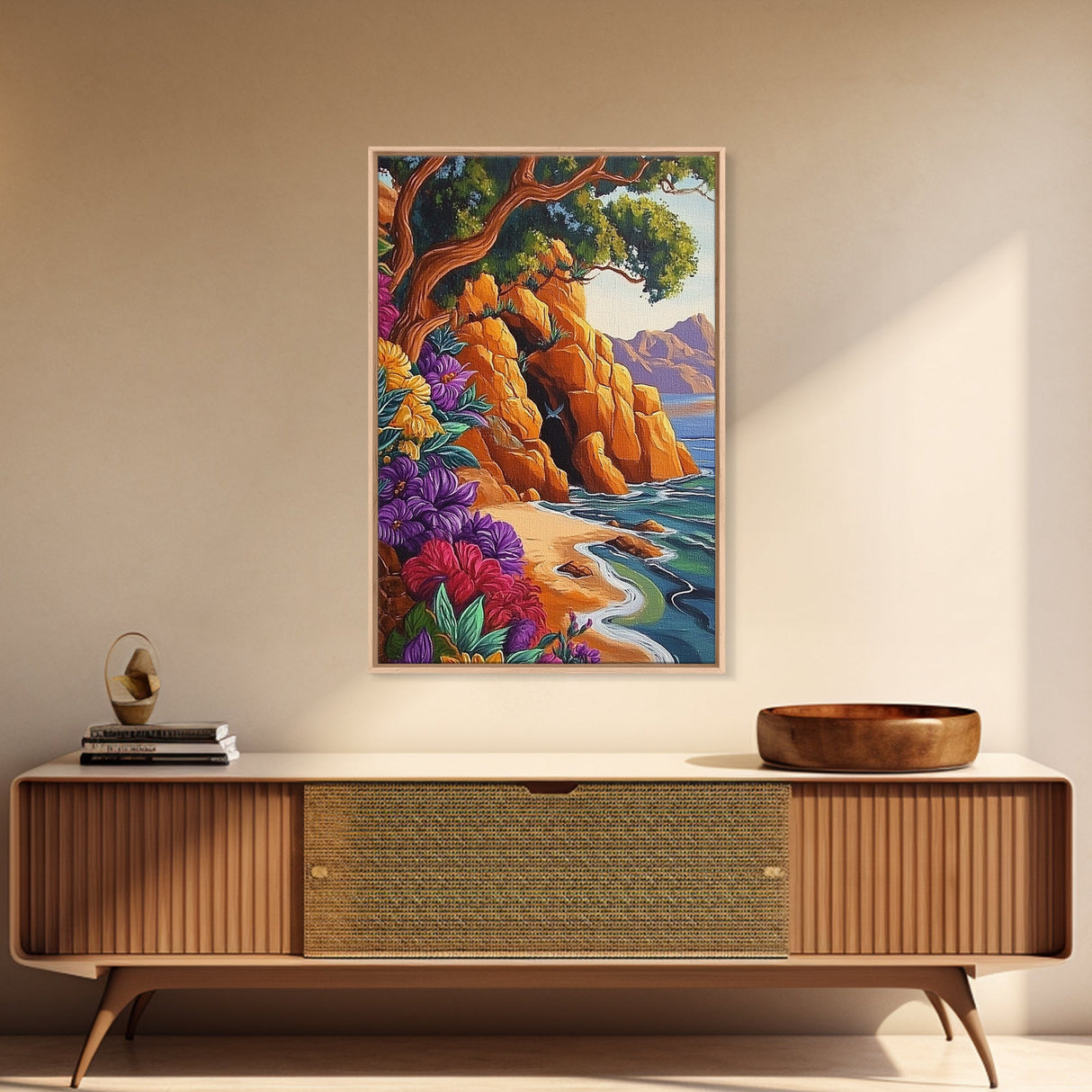Cave Beach, Flowers, Framed Canvas Print, Coastal Landscape Wall Art, Colorful Boho Nature Decor, Living Room art, Office Wall Art