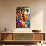 Cave Beach, Flowers, Framed Canvas Print, Coastal Landscape Wall Art, Colorful Boho Nature Decor, Living Room art, Office Wall Art