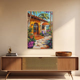 Villa Poolside, Palm, Paradise, Framed Canvas Print, tropical patio wall art, coastal Mediterranean decor, outdoor relaxation art, boho vibe
