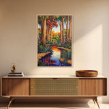 Forest Creek, Autumn, Framed Canvas Print, Tranquil Fall Landscape Wall Art, Vibrant Nature Decor, Woodland Boho Style, Bedroom Wall Art
