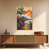 Sunset Palms, Ocean, Autumn, Framed Canvas Print coastal tropical wall art, bold sunset palm decor, boho living room art, beach house vibe