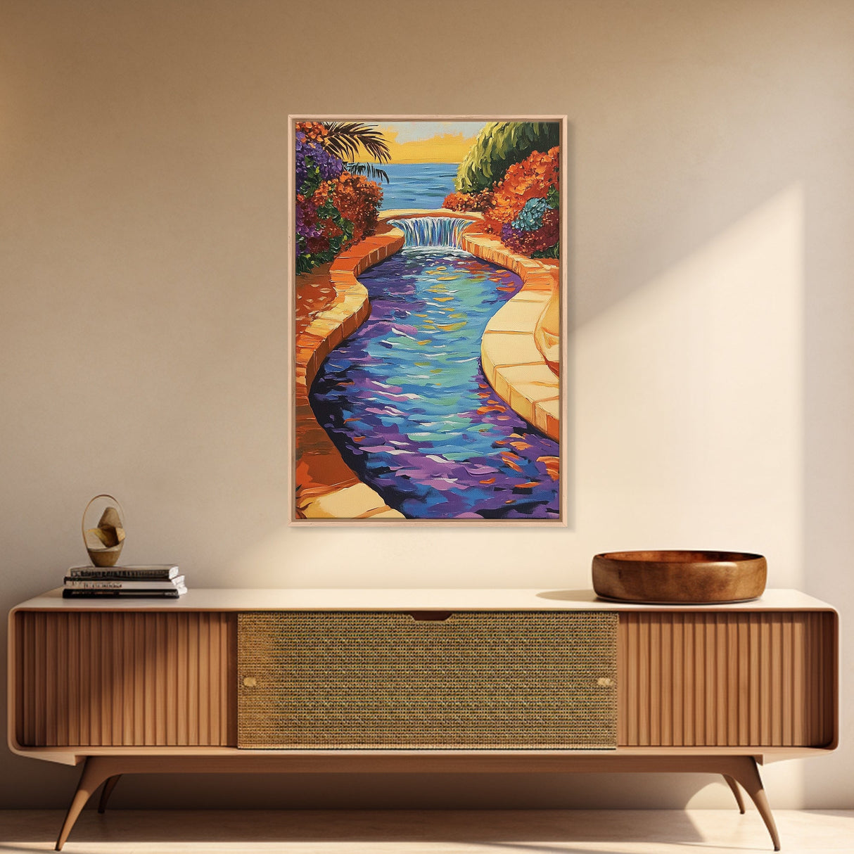 Pool Garden, Oasis, Sunset, Framed Canvas Print vibrant patio wall art, tropical courtyard landscape, kitchen art, sunroom boho decor