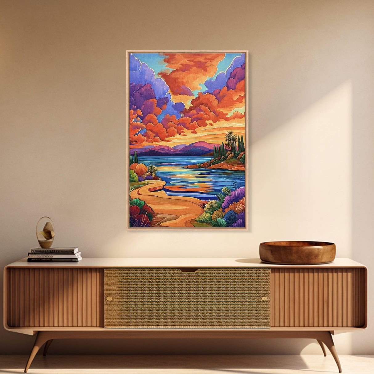 Sunset Lake, Pathway, Dreamy, Framed Canvas Print vibrant sunset lake art, colorful sky and mountain scene, living room art, office boho decor
