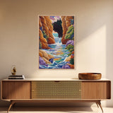 Waterfall Arch, Canyon, Coastal, Framed Canvas Print dramatic coastal waterfall painting, colorful canyon ocean view, nature boho decor