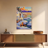 Winter Fishing, Snow, Landscape, Framed Canvas Print peaceful snowy fishing scene, winter mountain art, lodge or cabin living room wall decor