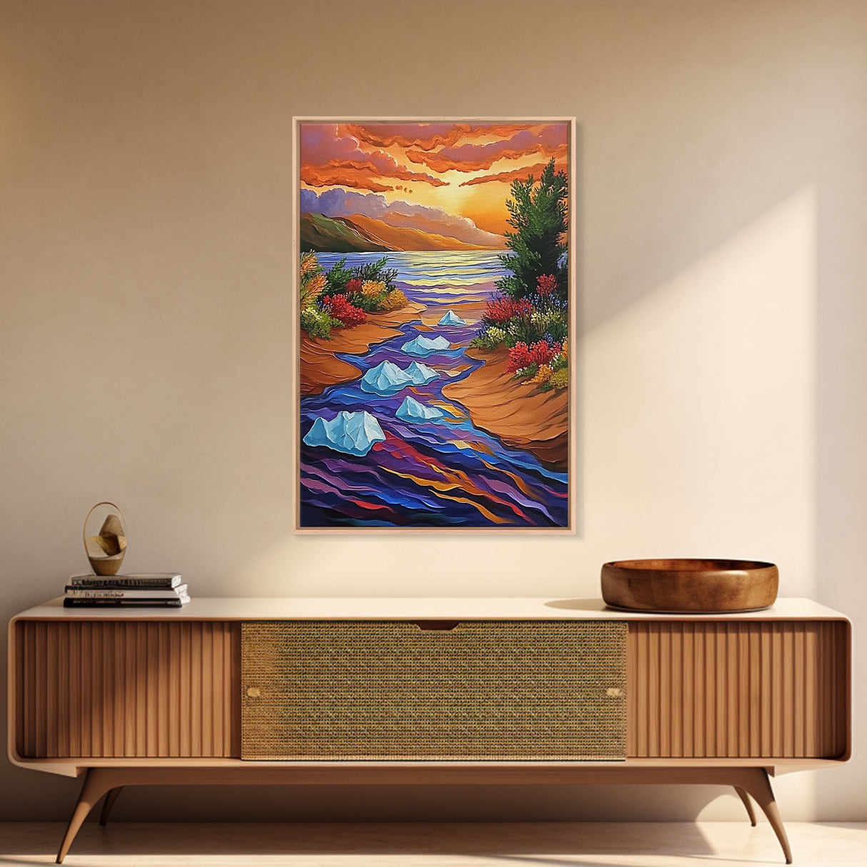 Icebergs River, Sunset, Autumn, Framed Canvas Print colorful autumn iceberg painting, vibrant sunset water flow, fall landscape wall art