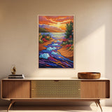 Icebergs River, Sunset, Autumn, Framed Canvas Print colorful autumn iceberg painting, vibrant sunset water flow, fall landscape wall art