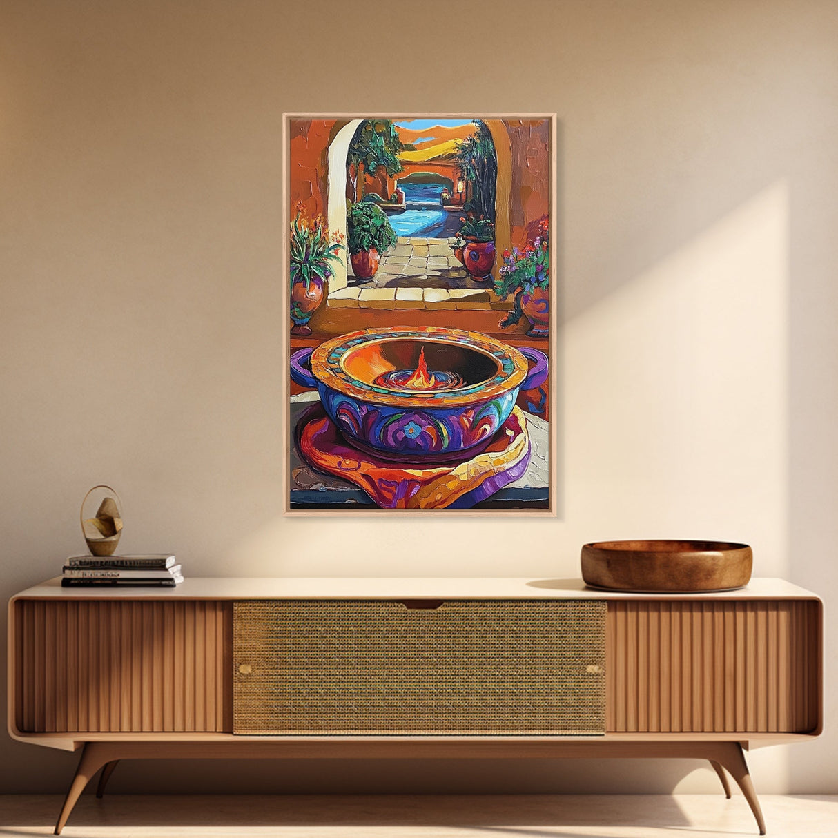 Fire Pottery, Patio, Colorful Framed Canvas Print, Rustic Kitchen Wall Art, Hacienda Style Decor, Bold Mexican Art, Autumn Home Accent