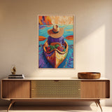 Hat River, Canoe, Bright Framed Canvas Print, Relaxing Boho Wall Art, Colorful Nature Lover Gift, Unique Summer Travel Vibes