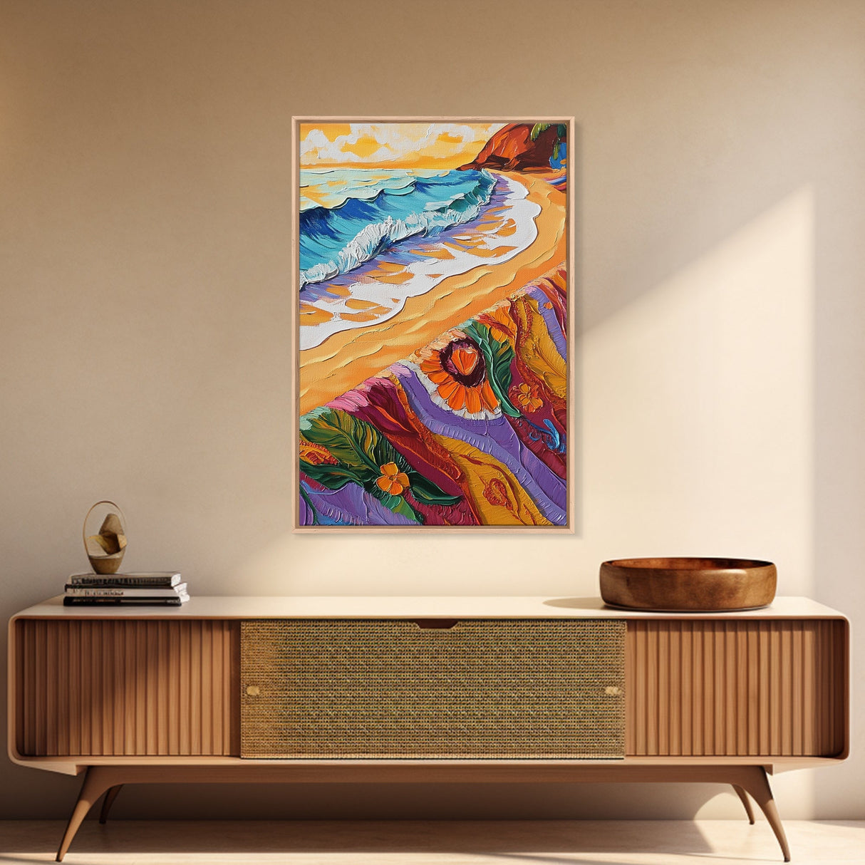 Shore Blanket, Waves, Golden, Canvas Print, tropical boho decor, beach sunset wall art, oceanview relaxation scene, summer bathroom decor