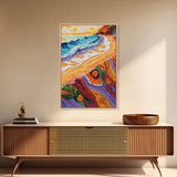 Shore Blanket, Waves, Golden, Canvas Print, tropical boho decor, beach sunset wall art, oceanview relaxation scene, summer bathroom decor